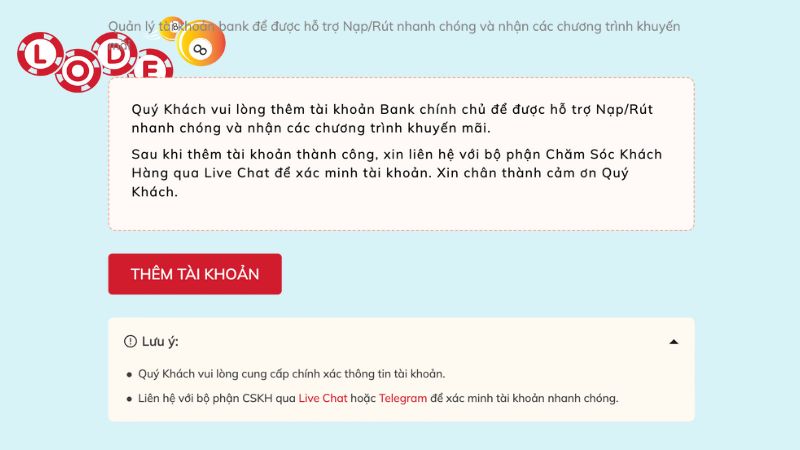 Thành viên đừng quên tích hợp tài khoản ngân hàng cá nhân vào ví game cho tiện giao dịch 